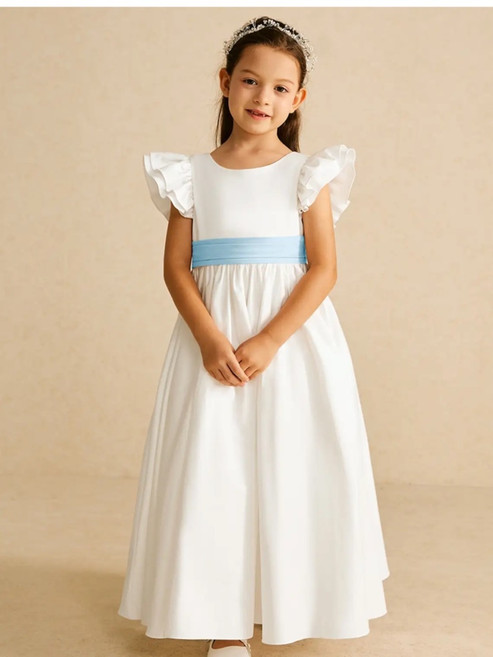 Azazie White Flower Girl Dress with Light Blue Sash